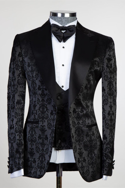 Formal Bespoke Black Peaked Lapel Three-Piece Jacquard Men's Suits