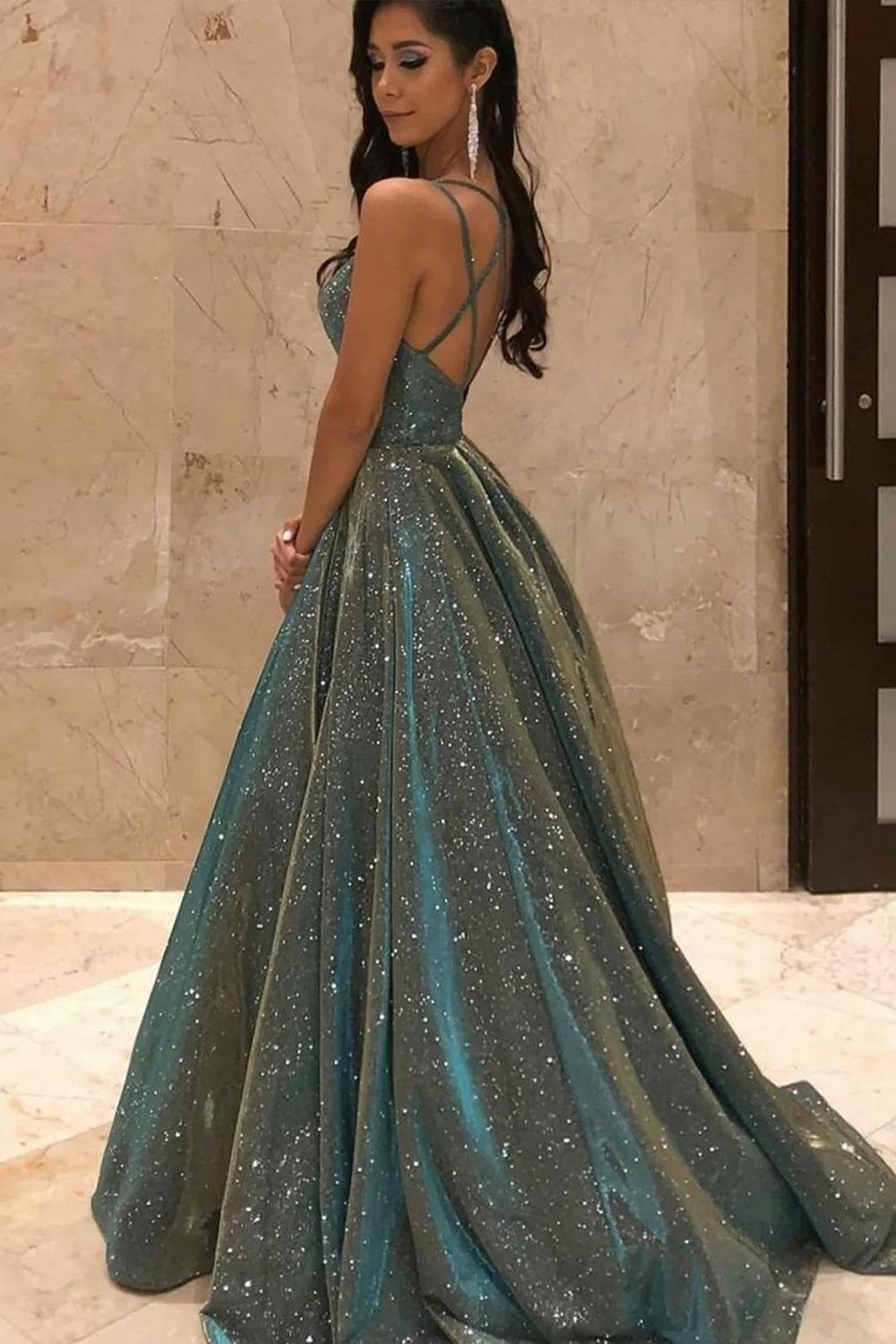 Dark Green Long Prom Dress with Bling A Line Spaghetti Straps