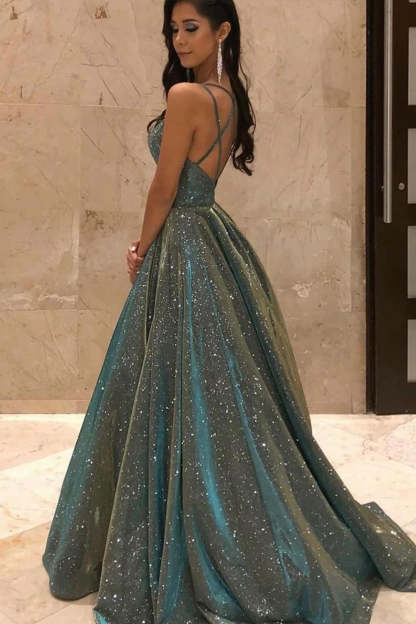 Dark Green Long Prom Dress with Bling A Line Spaghetti Straps