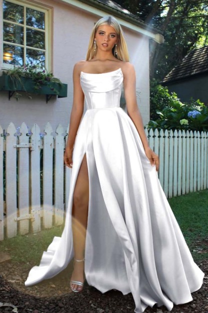 Strapless Sleeveless A Line Long Formal Dress With Split Pleated
