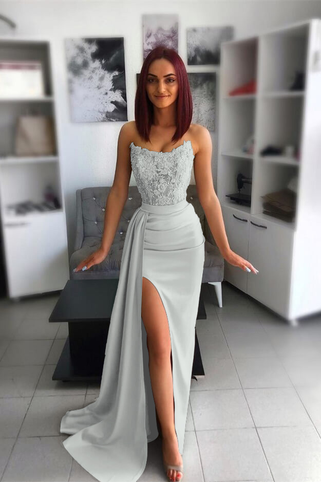 Strapless Pink Slit Mermaid Evening Dress With Chic Appliques