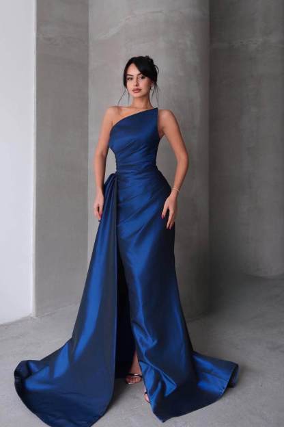 Strapless Sleeveless Mermaid Long Formal Dress With Split Pleated