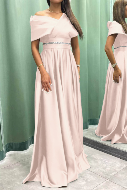 Long Elegant Evening Dress Pleat Off-The-Shoulder