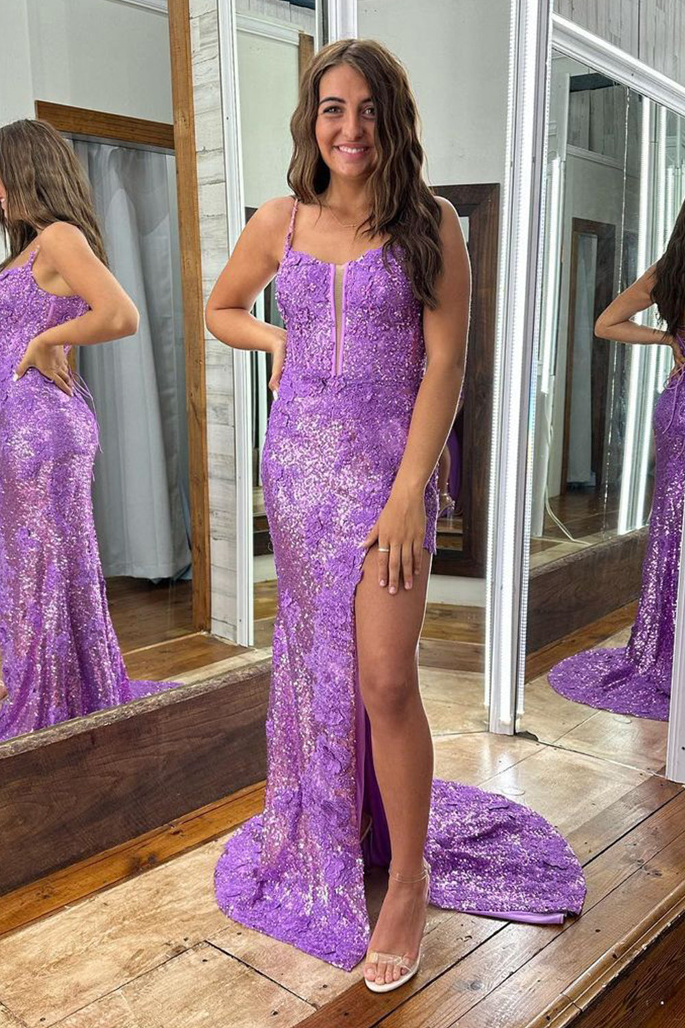 Long Mermaid Prom Dress in Sparkly Lilac with Sequins and Lace