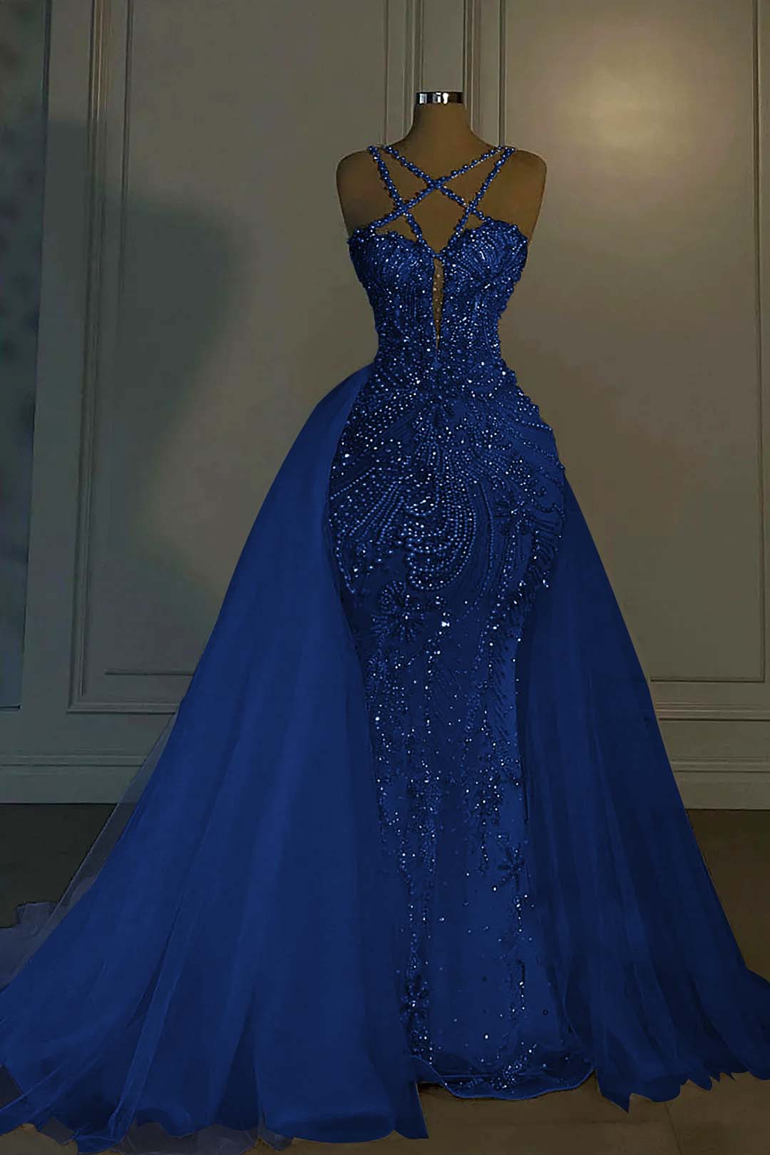 Halter Sleeveless Mermaid Long Formal Dress With Beading Tulle