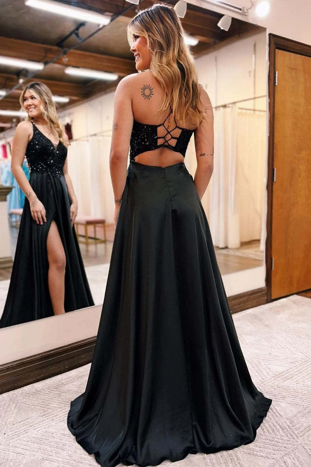 Long Black Sparkly Prom Dress in A-Line Style Featuring Pockets