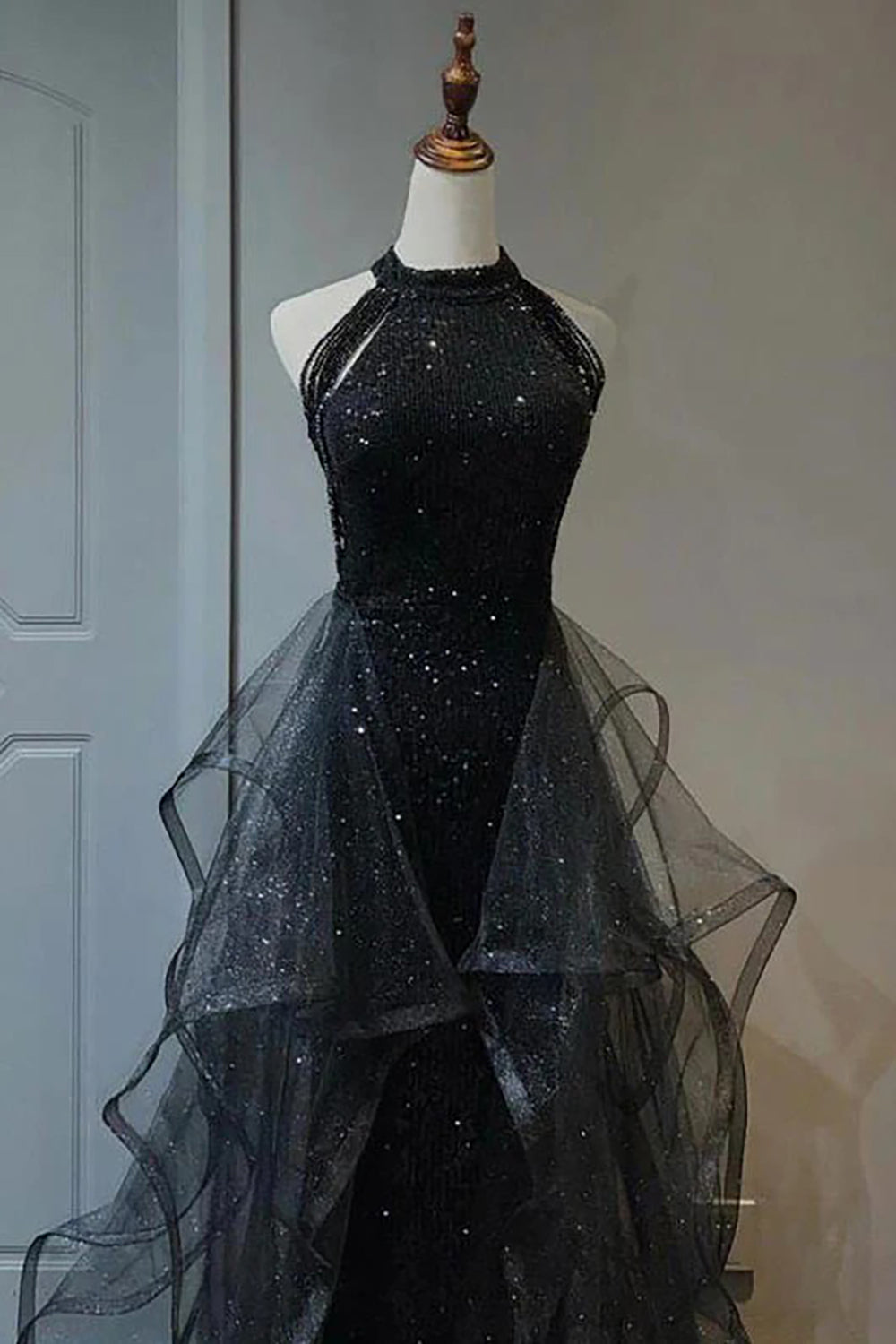 Black Tulle Long Prom Dress with Ruffles in a Halter Neck A-Line Style