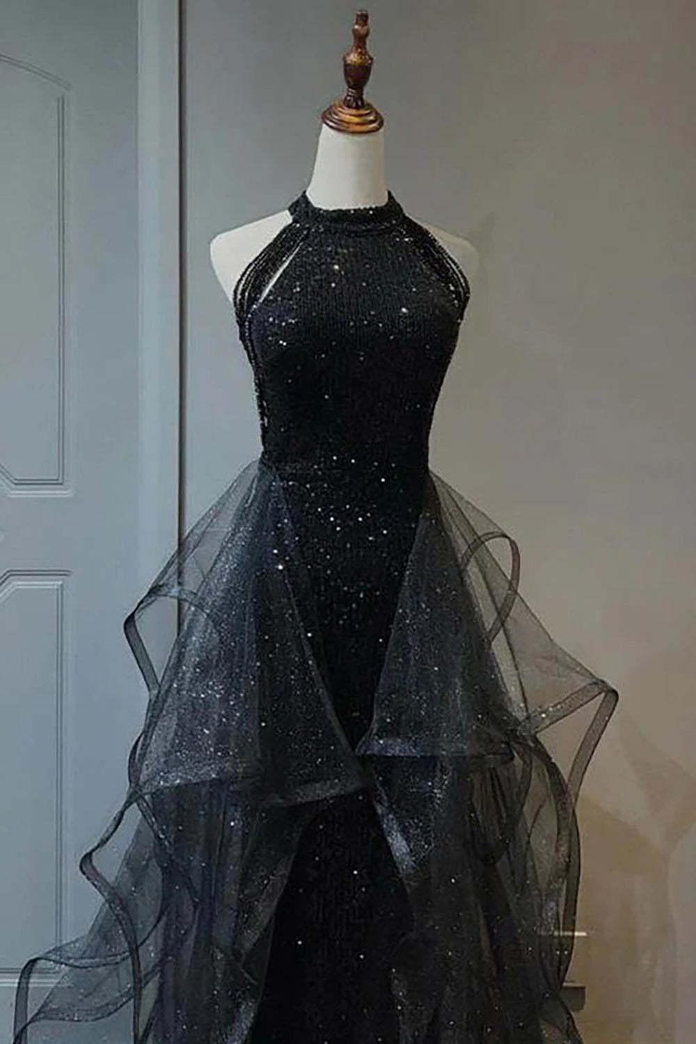 Black Tulle Long Prom Dress with Ruffles in a Halter Neck A-Line Style