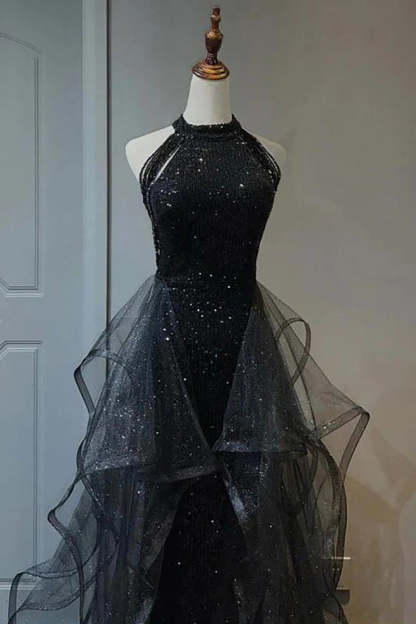 Black Tulle Long Prom Dress with Ruffles in a Halter Neck A-Line Style