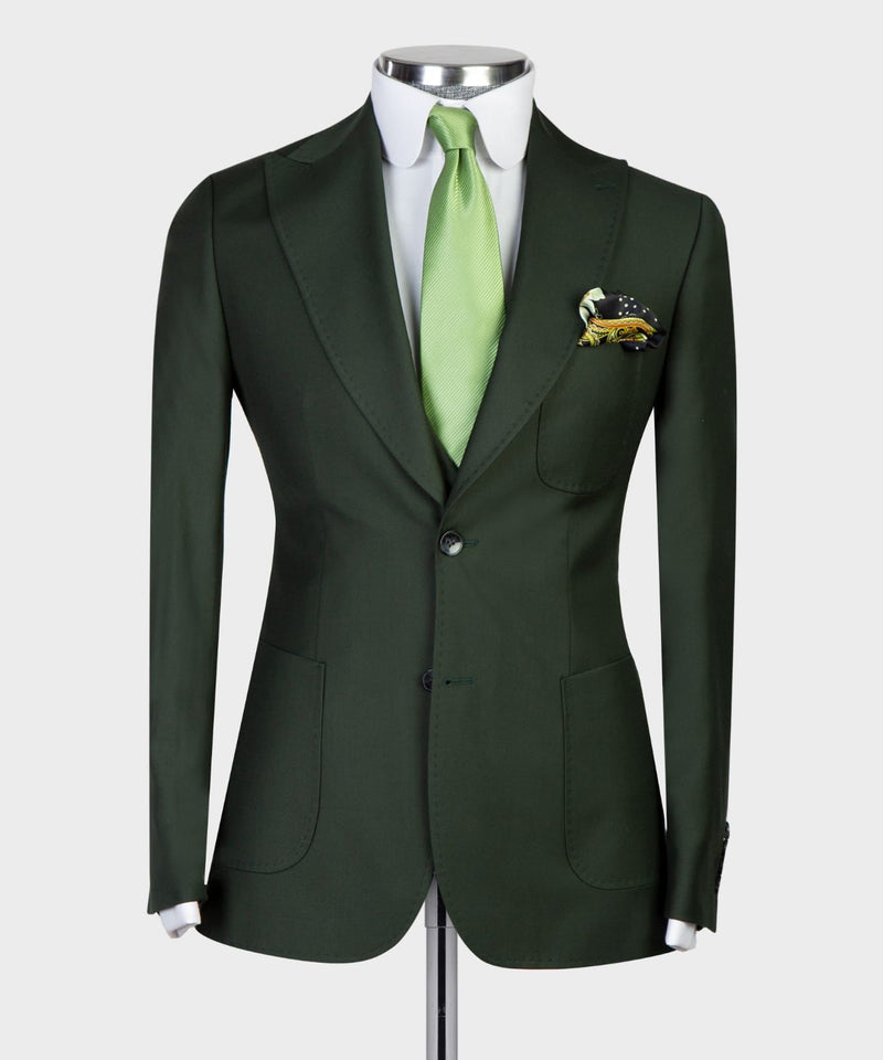 Chic Dark Green Three-Piece Peaked Lapel Business Men's Suits