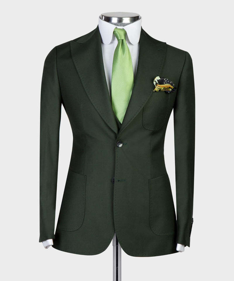 Chic Dark Green Three-Piece Peaked Lapel Business Men's Suits