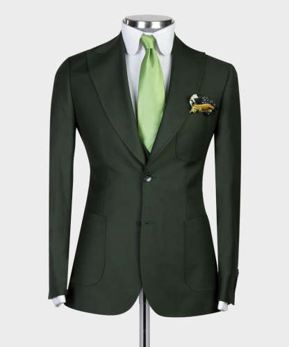 Chic Dark Green Three-Piece Peaked Lapel Business Men's Suits