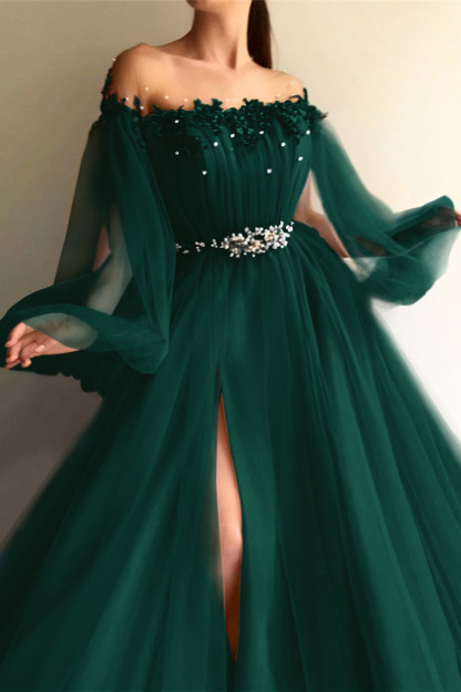 Long Sleeves Off-the-Shoulder Evening Dress With Beads