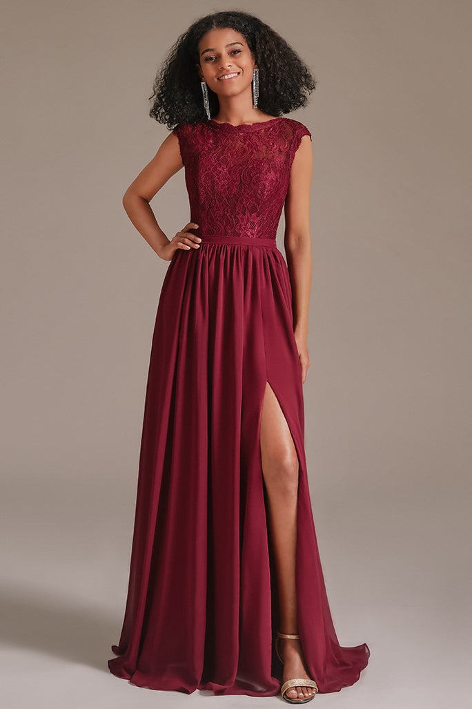 Burgundy Cap Sleeves Bridesmaid Dress with Slit