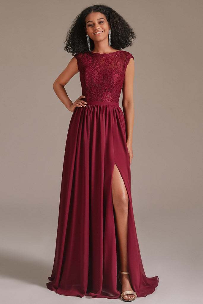 Burgundy Cap Sleeves Bridesmaid Dress with Slit
