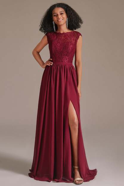 Burgundy Cap Sleeves Bridesmaid Dress with Slit