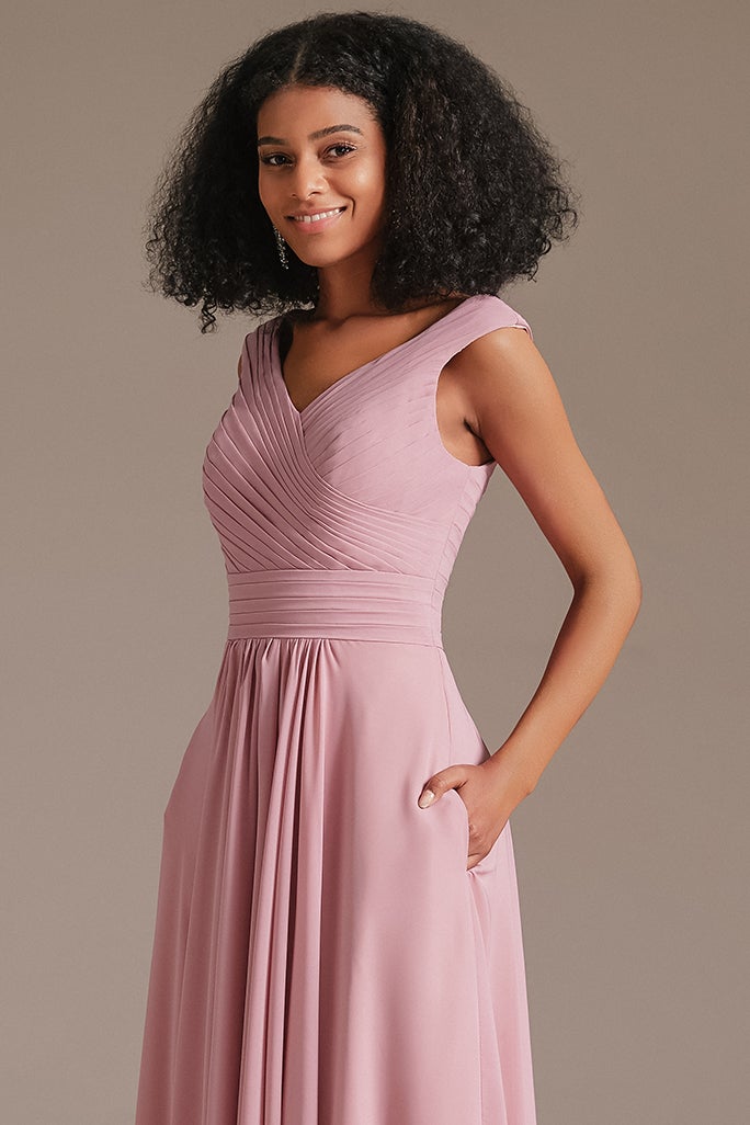 V-Neck Dusty Pink Bridesmaid Dress with Pockets