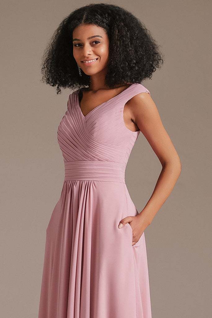 V-Neck Dusty Pink Bridesmaid Dress with Pockets