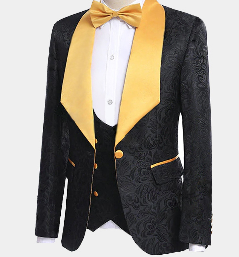Gorgeous Gold Black Jacquard Suit for Men Wedding Shawl Lapel with Three Pieces