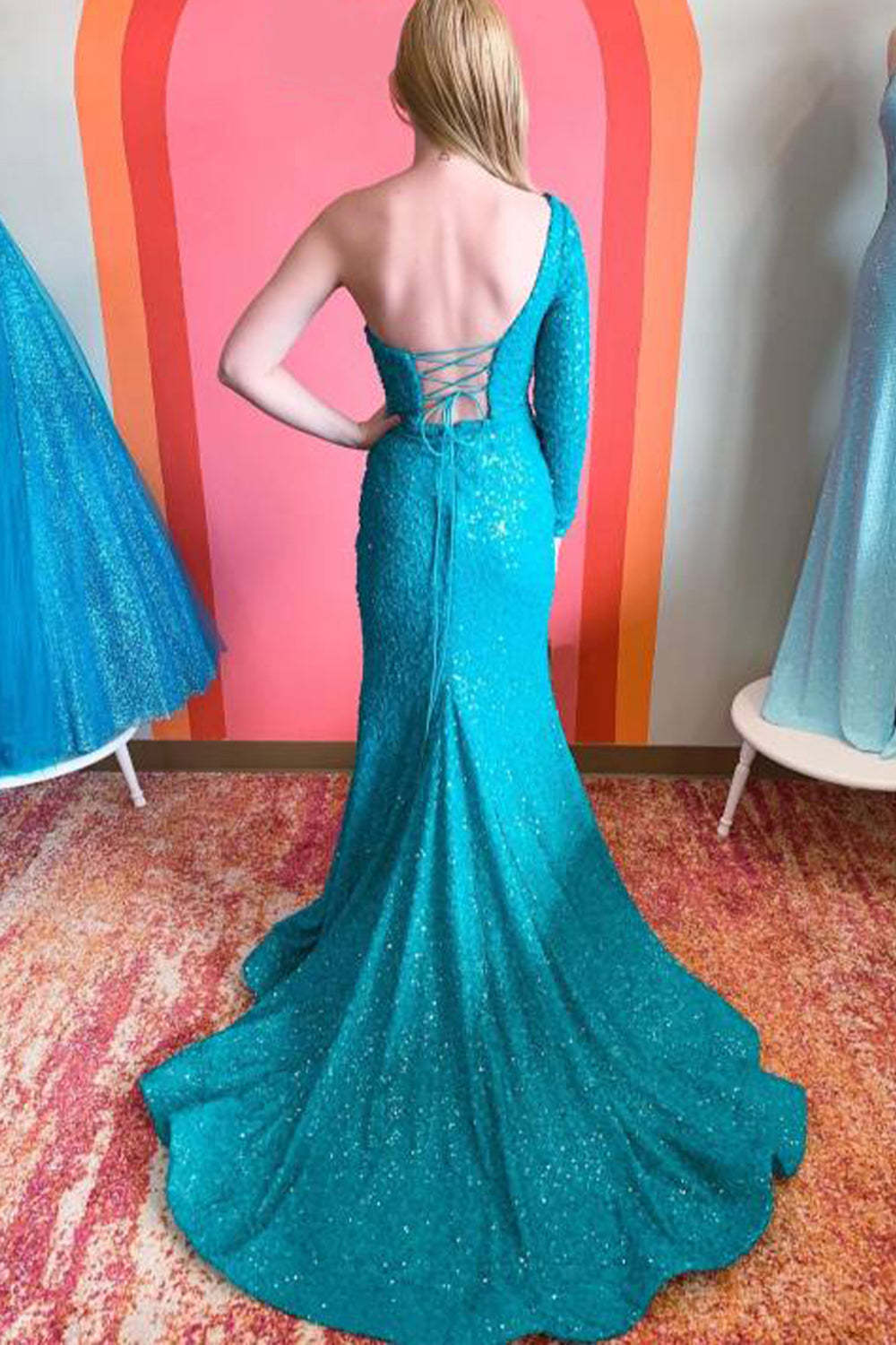 Long Sleeve One-Shoulder Sequined Mermaid Prom Dress with Slit