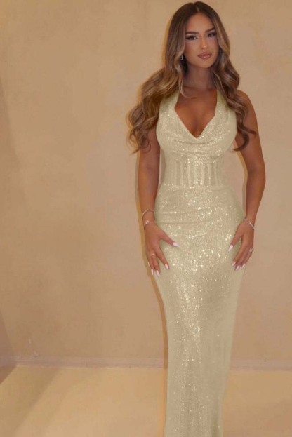 Sequin Halter Sleeveless Long Mermaid Formal Dress With Pleated