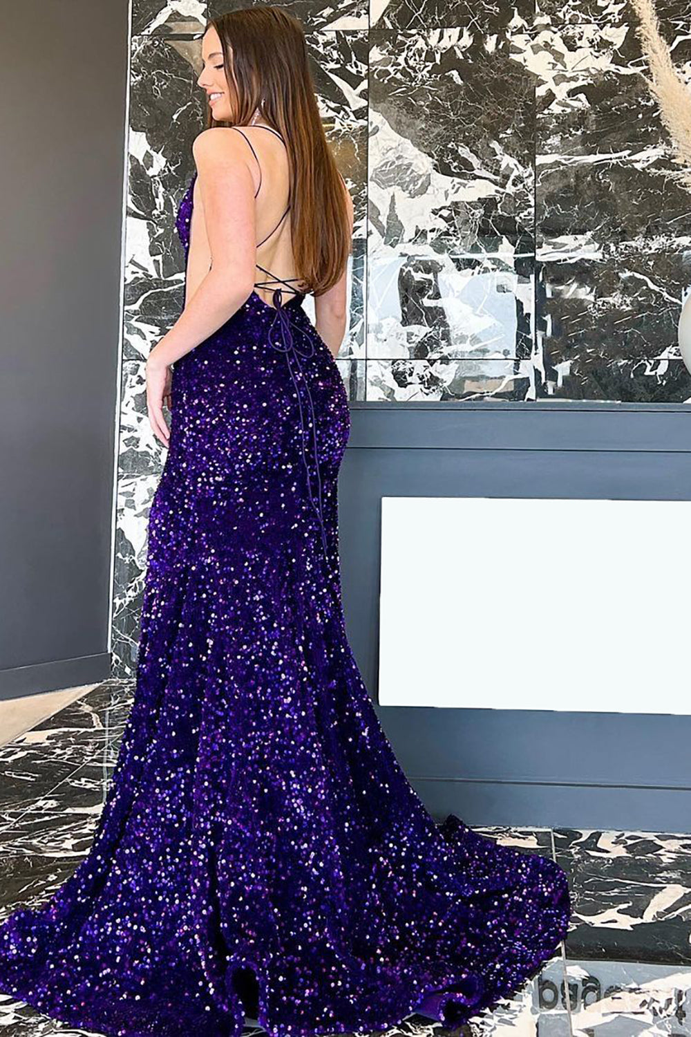 Navy Sequins Long Prom Dress with Mermaid Spaghetti Straps and Split Front