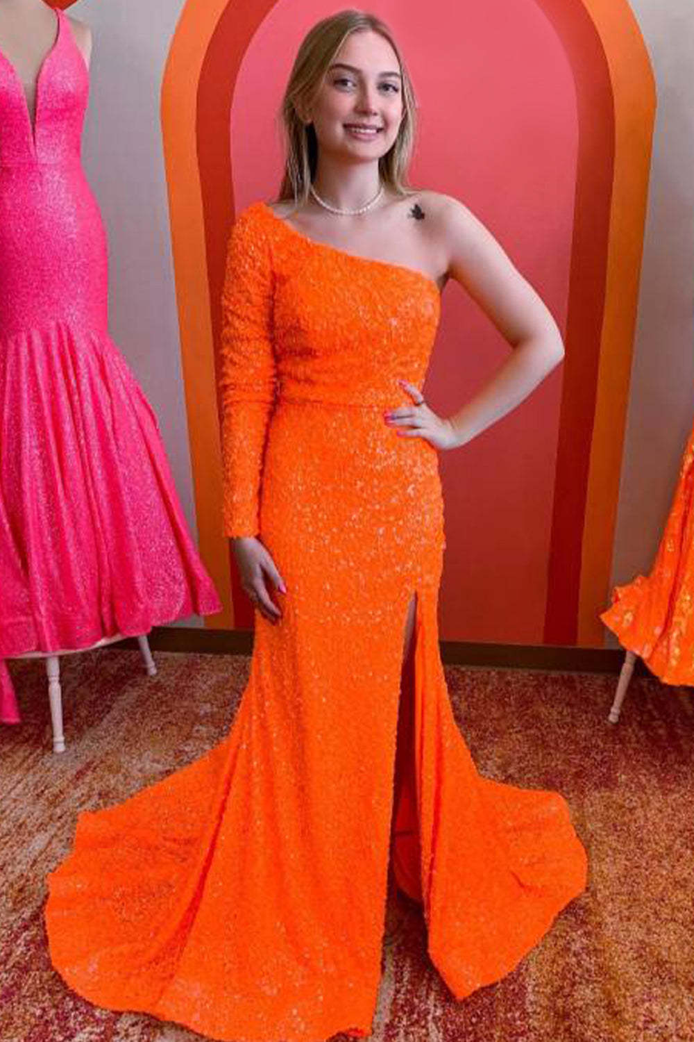 Long Sleeve One-Shoulder Sequined Mermaid Prom Dress with Slit