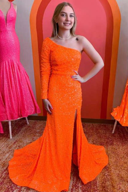 Long Sleeve One-Shoulder Sequined Mermaid Prom Dress with Slit