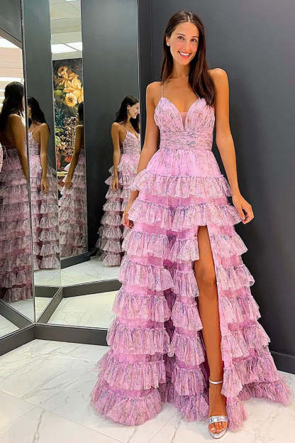 Elegant Pink Tulle A-Line Prom Dress with Spaghetti Straps and Ruffles