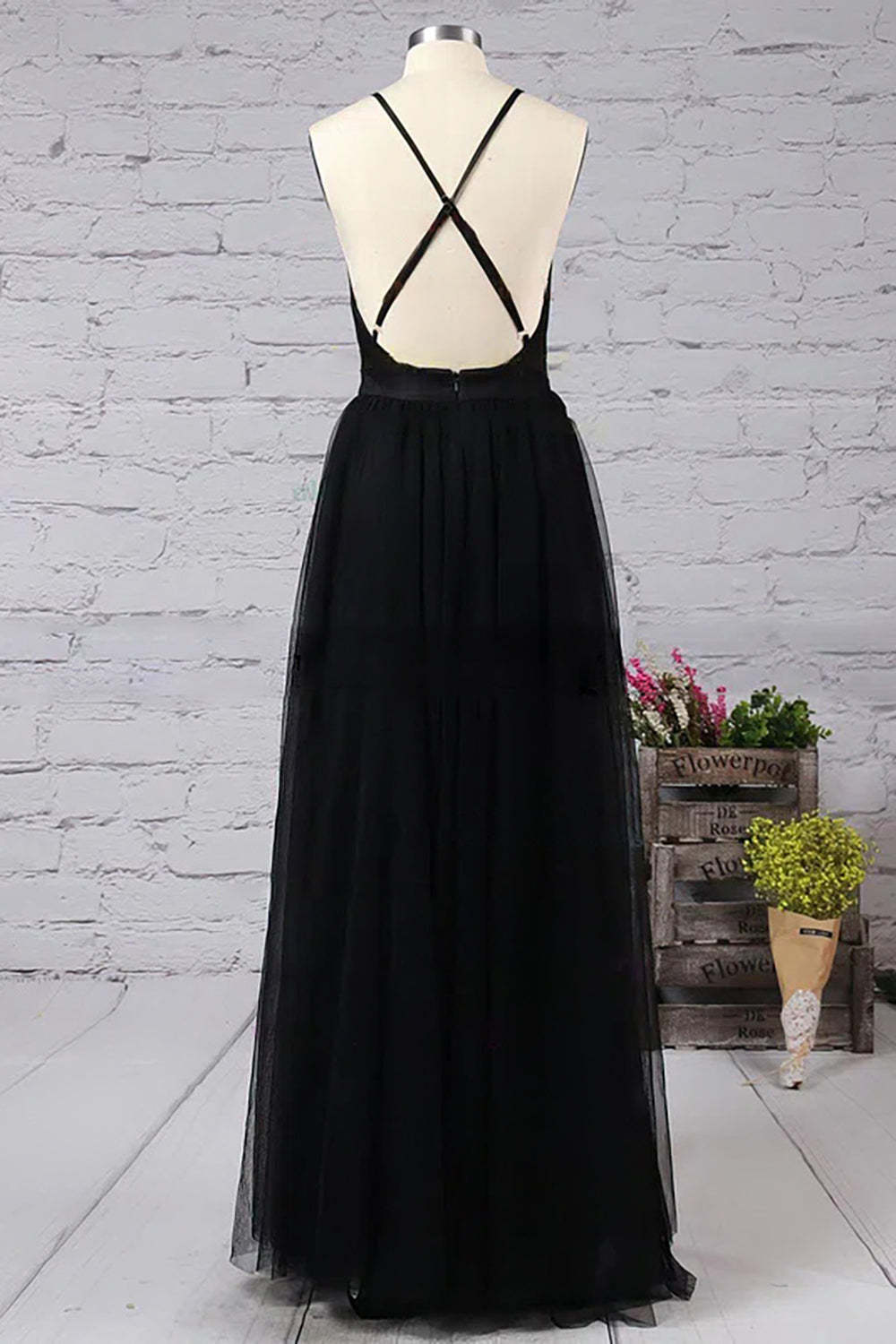 Prom Dress in Black Tulle with Deep V-Neck