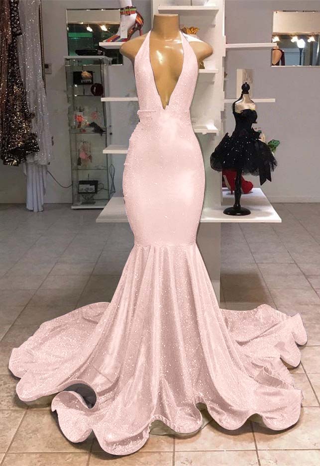 Halter V-Neck Mermaid Evening Dress With Sequins