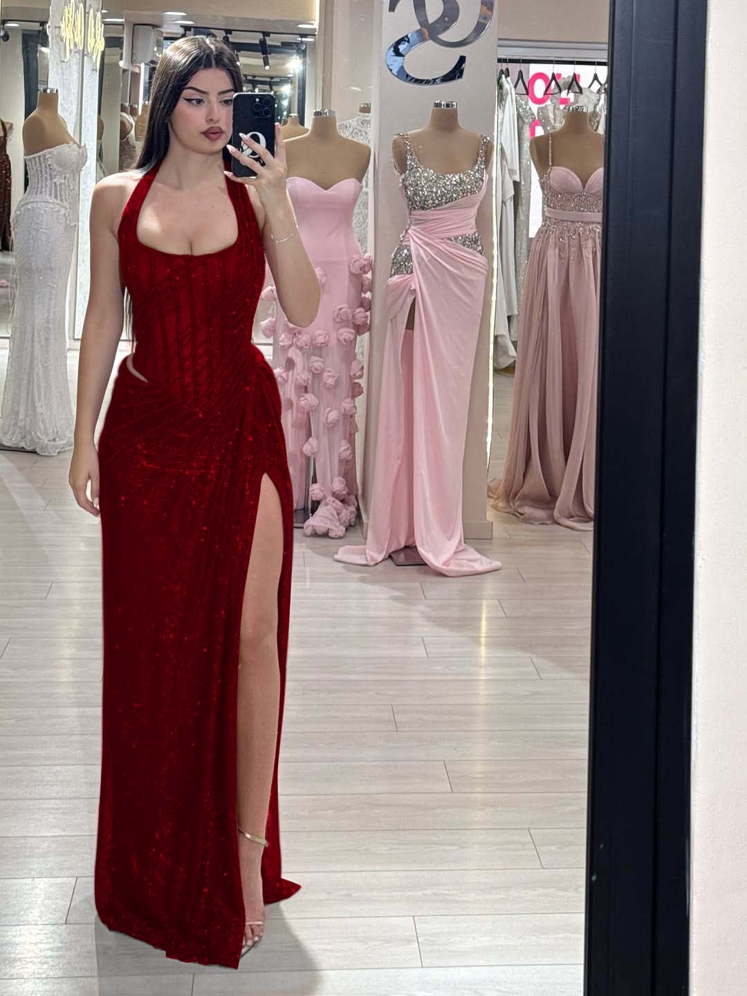 Sequins Halter Sleeveless Long Mermaid Formal Dress With Split