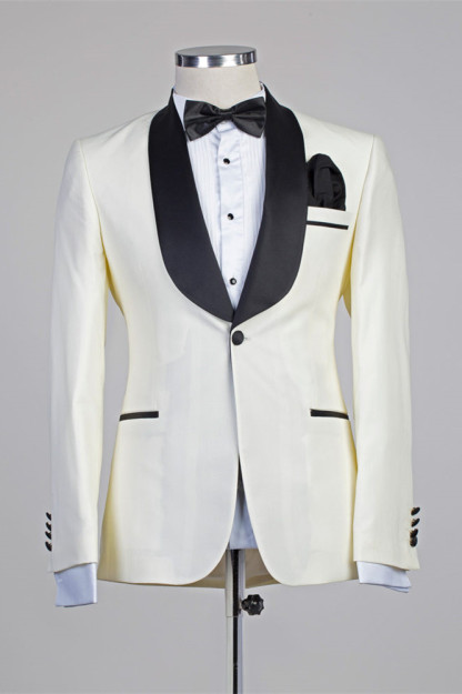 Moses Ivory Simple Slim Fit One-Button Wedding Suits with Black Lapel
