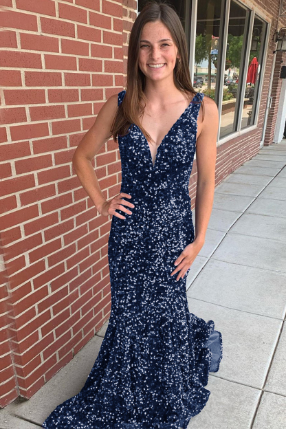 Long Prom Dress with Sequins in Mermaid Blue V-Neck