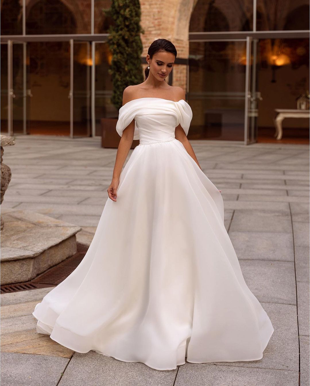White Strapless Off-the-Shoulder A-Line Wedding Dress
