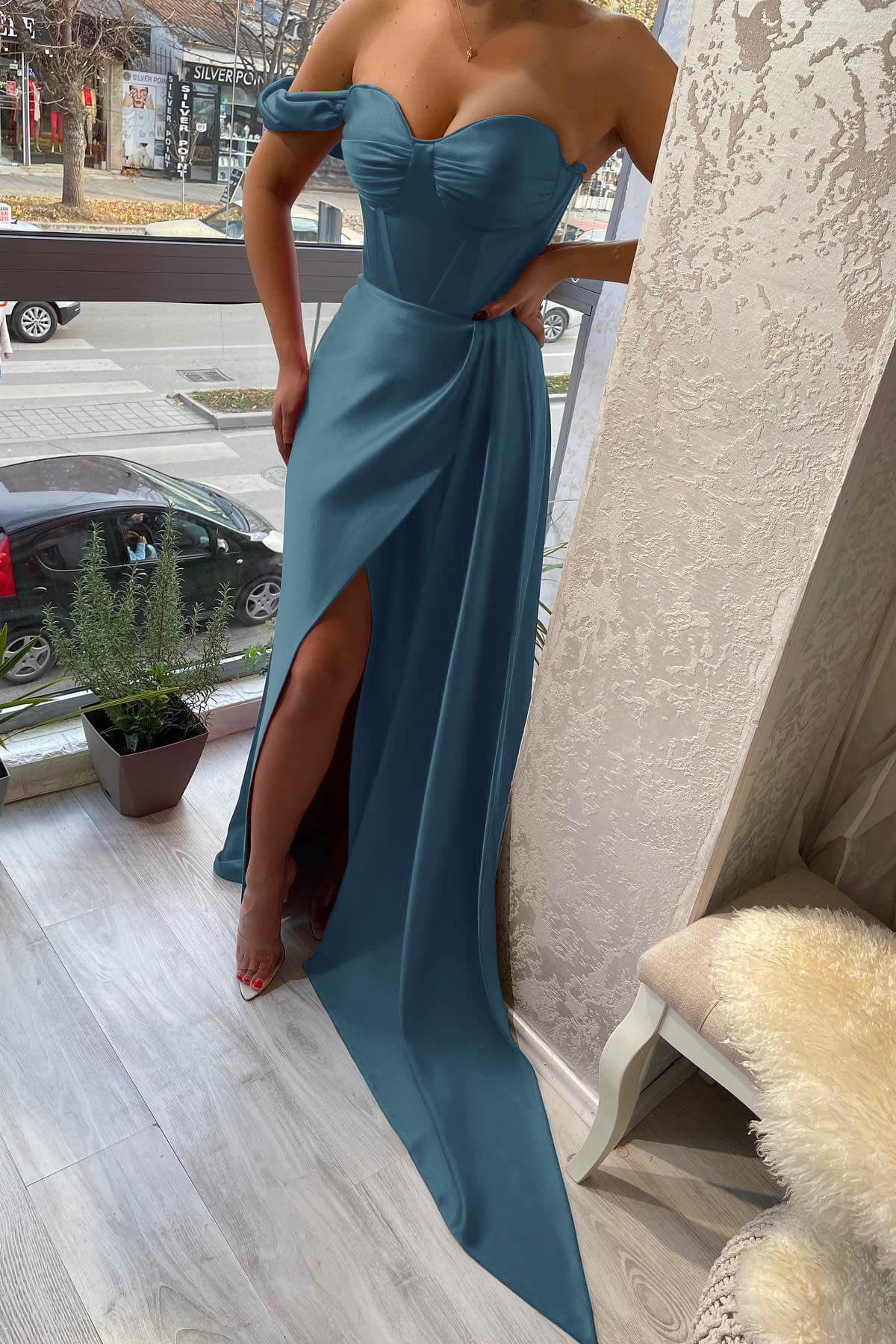 Classic One Shoulder Slit Strapless Sweetheart Evening Dress With Ruffle