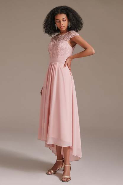 Pink Cap Sleeve Applique Bridesmaid Dress with Pockets