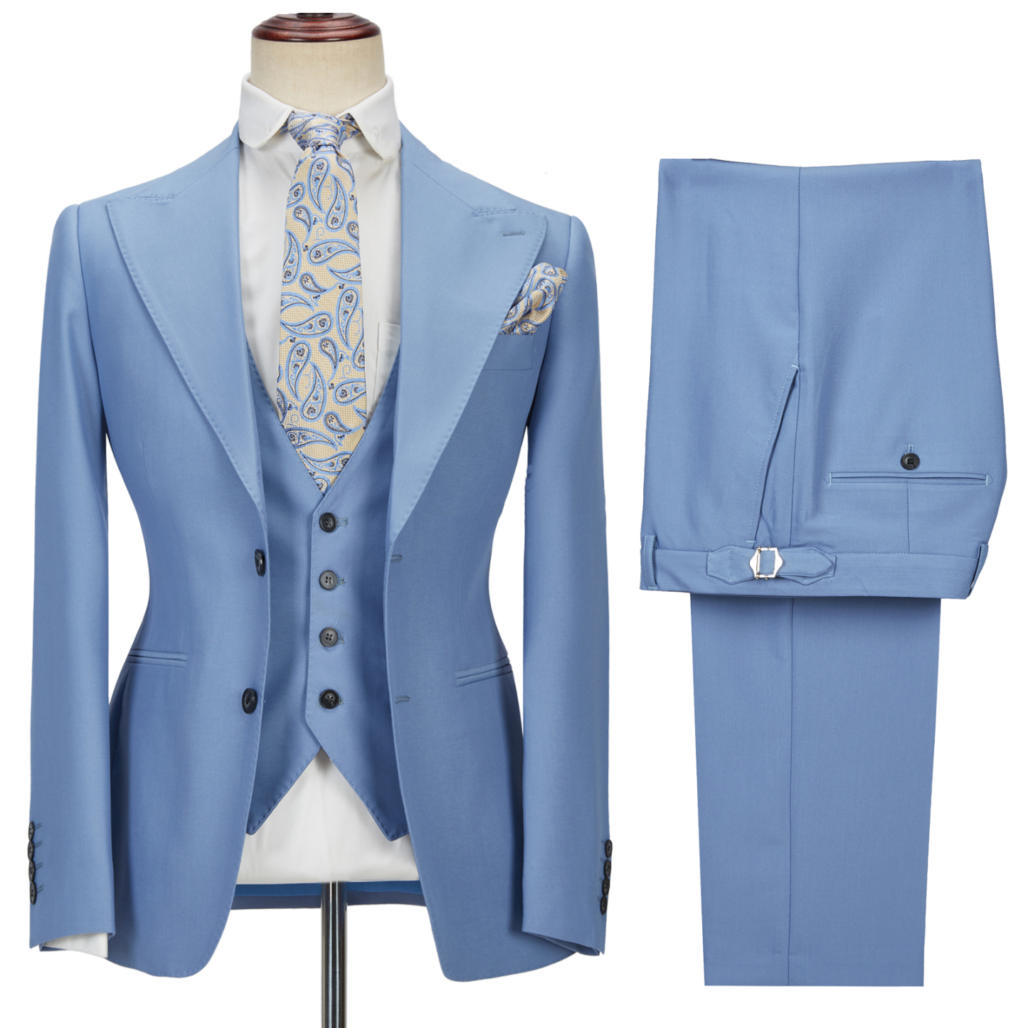 Gorgeous Blue Peak Lapel Three-Piece Homecoming Suits without Flap