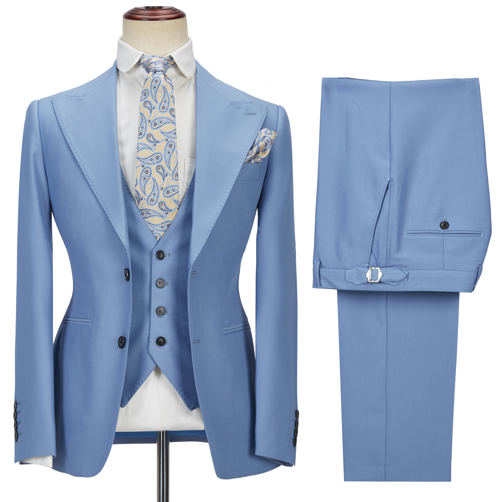 Gorgeous Blue Peak Lapel Three-Piece Homecoming Suits without Flap