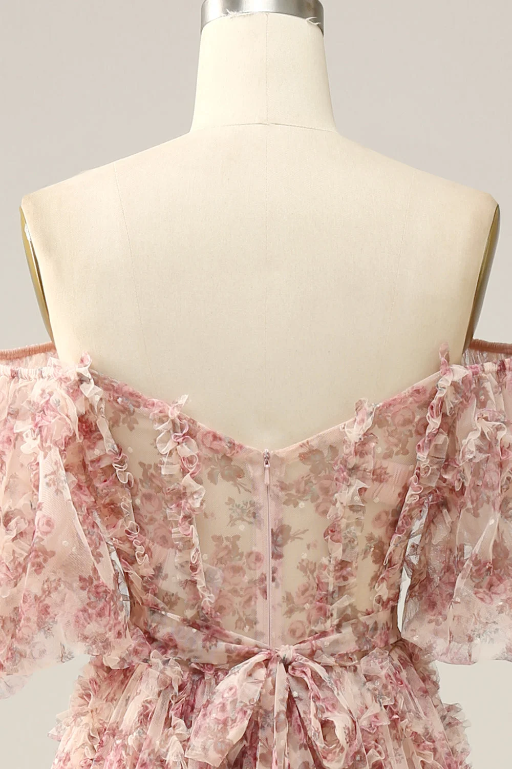 Elegant Pink Floral Printed Off-the-Shoulder Corset Prom Dress with Sweep Train