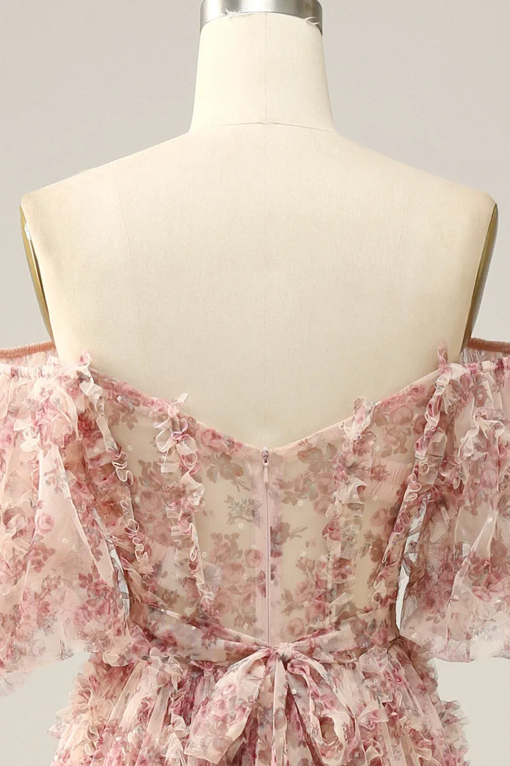 Elegant Pink Floral Printed Off-the-Shoulder Corset Prom Dress with Sweep Train