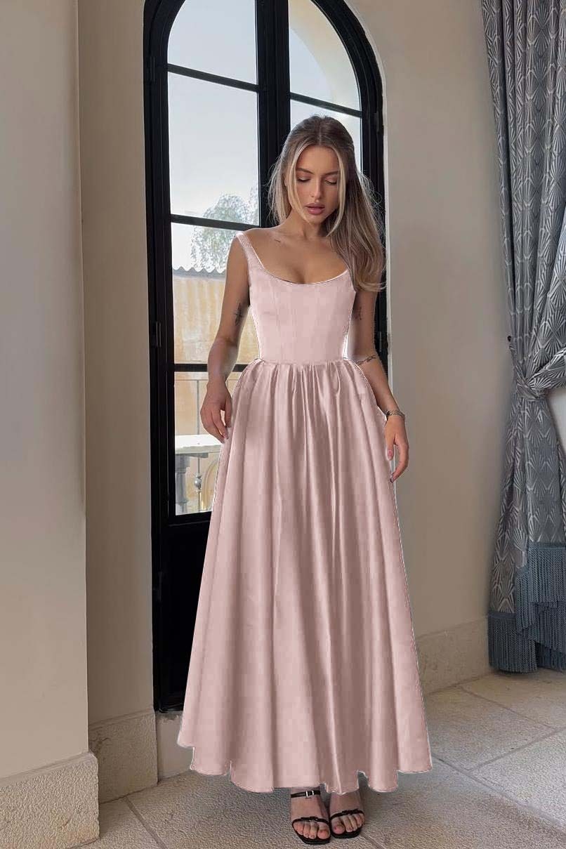 Spaghetti Strap Sleeveless A Line Long Formal Dress With Pleated