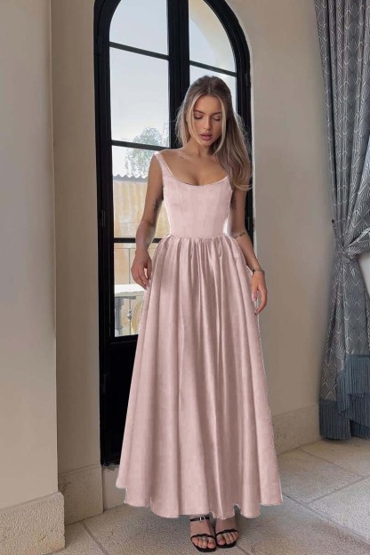 Spaghetti Strap Sleeveless A Line Long Formal Dress With Pleated
