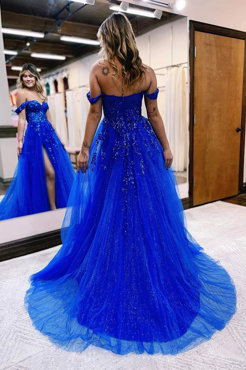 Royal Blue Long Prom Dress with Off-the-Shoulder A-Line and Front Split