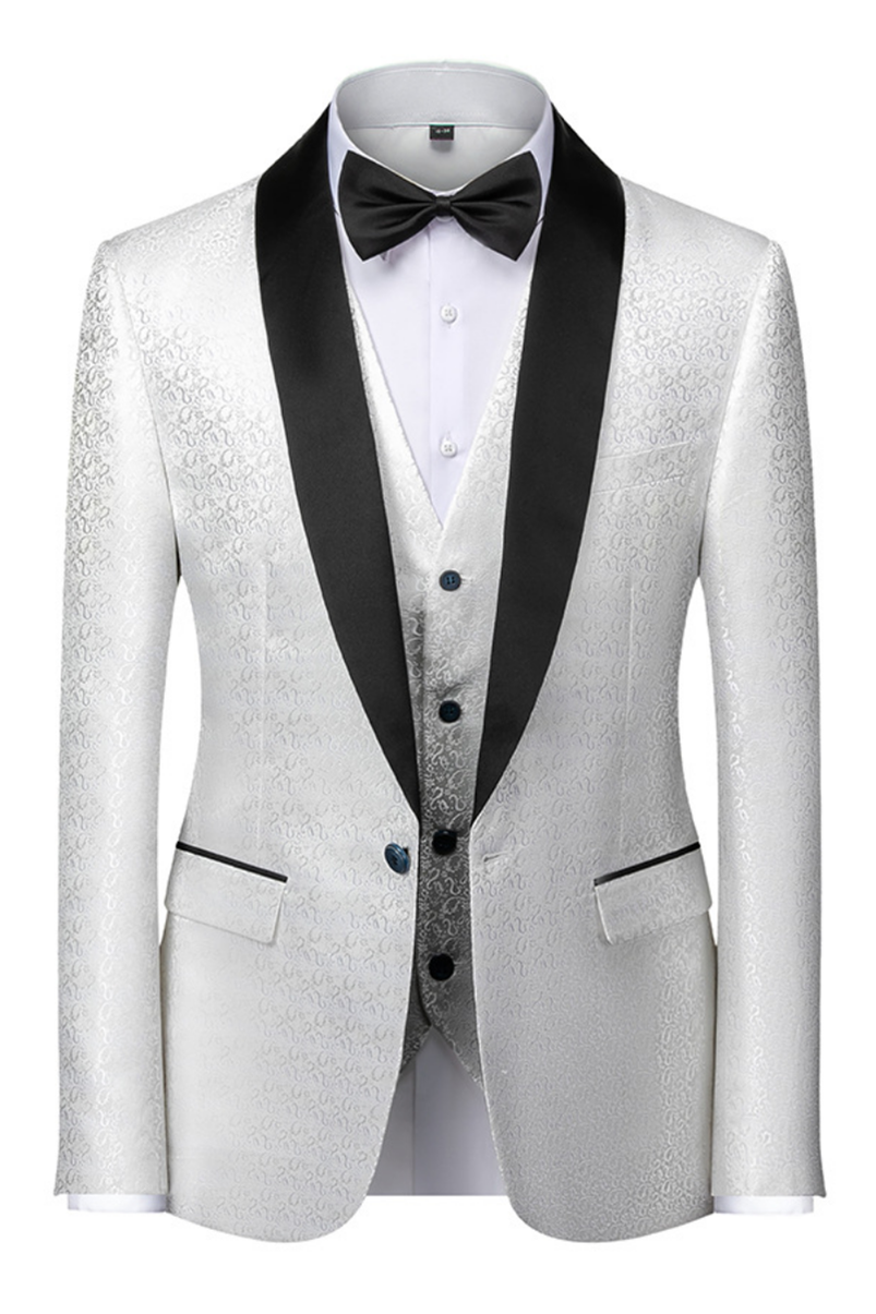 Popular Black and White Shawl Lapel Wedding Suit with Floral Jacquard