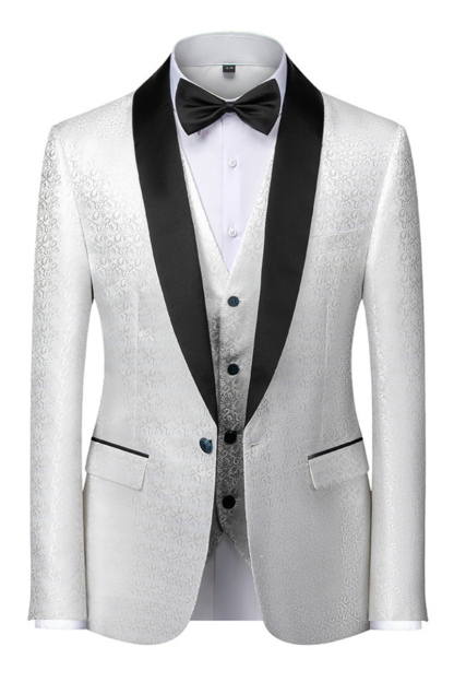 Popular Black and White Shawl Lapel Wedding Suit with Floral Jacquard