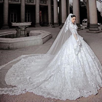 Elegant Beads Long Princess Appliques Wedding Dress with Sleeves Tulle