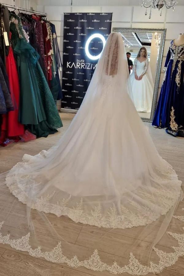 Stunning White V-Neck Lace A-Line Wedding Dress with Long Sleeves
