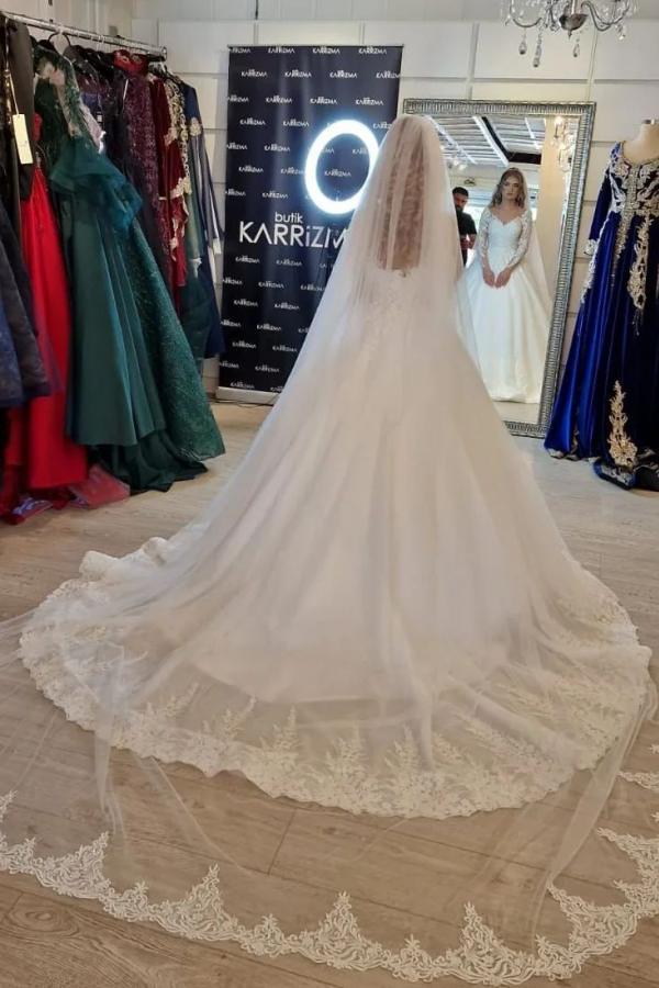 Stunning White V-Neck Lace A-Line Wedding Dress with Long Sleeves