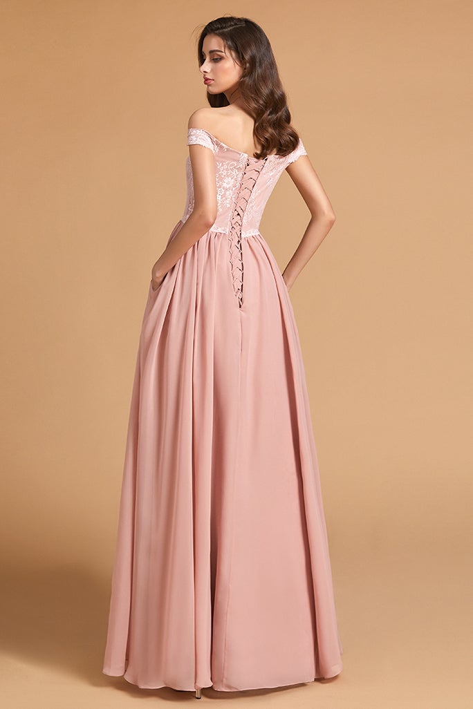 Dusty Rose Off-the-Shoulder Lace Bridesmaid Dress with Pockets
